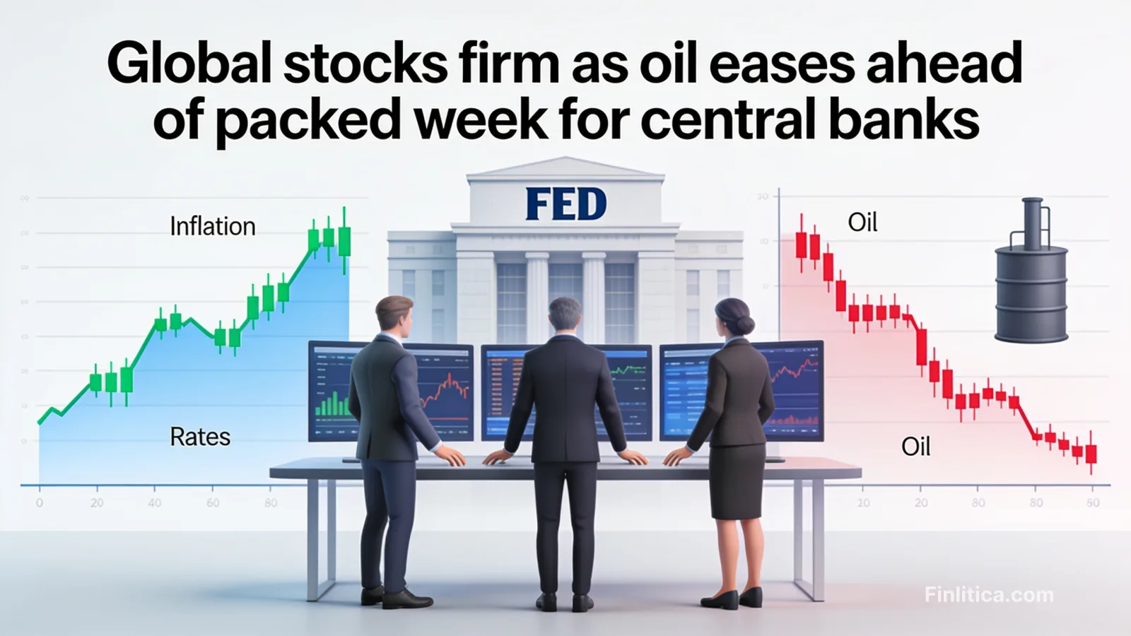 Global stocks firm as oil eases ahead of packed week for central banks