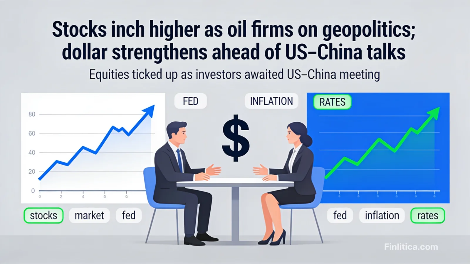 Stocks inch higher as oil firms on geopolitics; dollar strengthens ahead of US–China talks